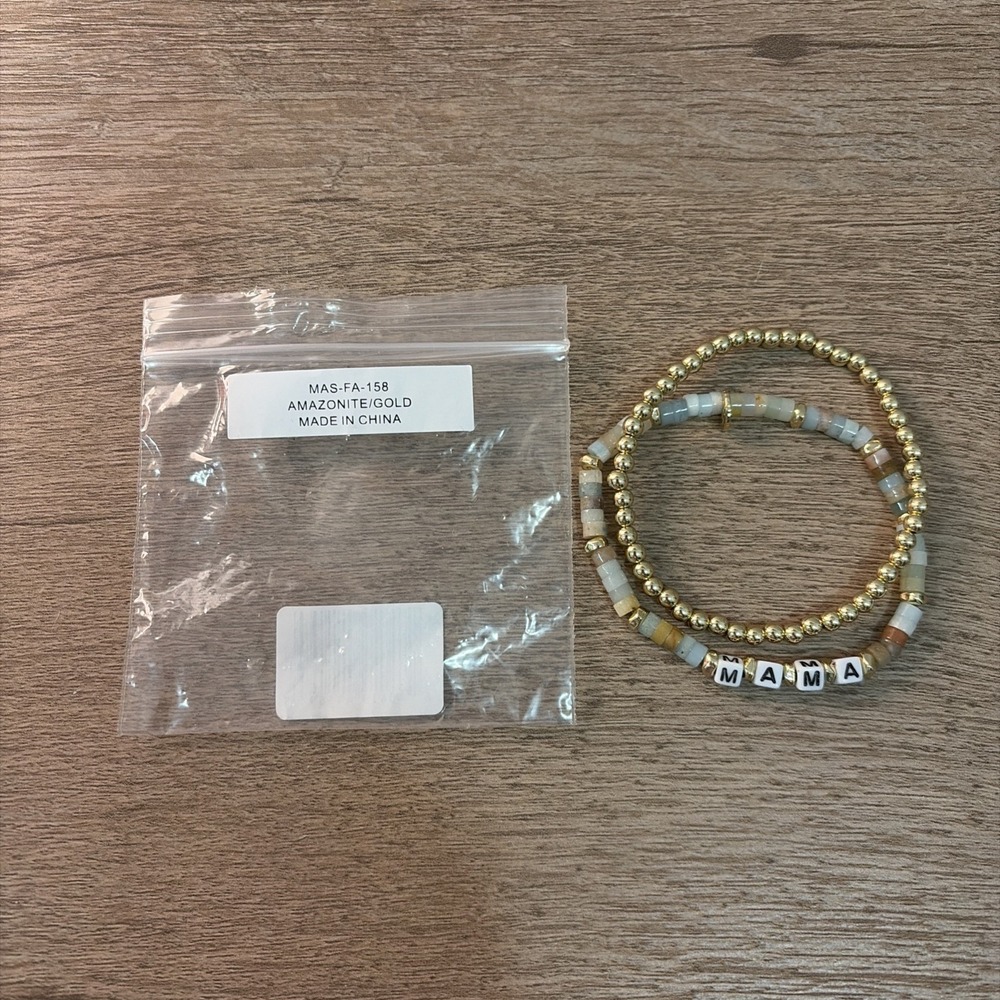 Marilyn Schiff MAMA Gold Tone Bracelet Stack Bead Stretch Layered Jewelry SET